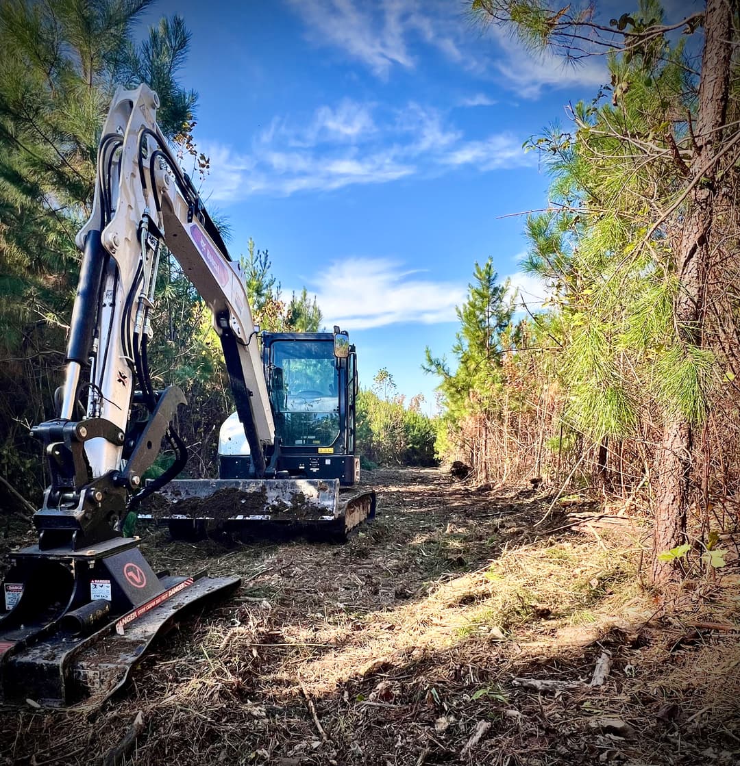 Excavator clearing a forest trail under a blue sky surrounded by pine trees.