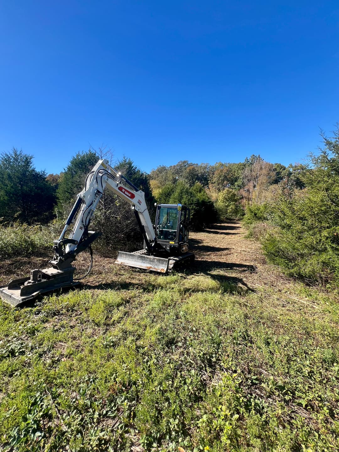 Excavator working on a cleared path in a wooded area under a clear blue sky.