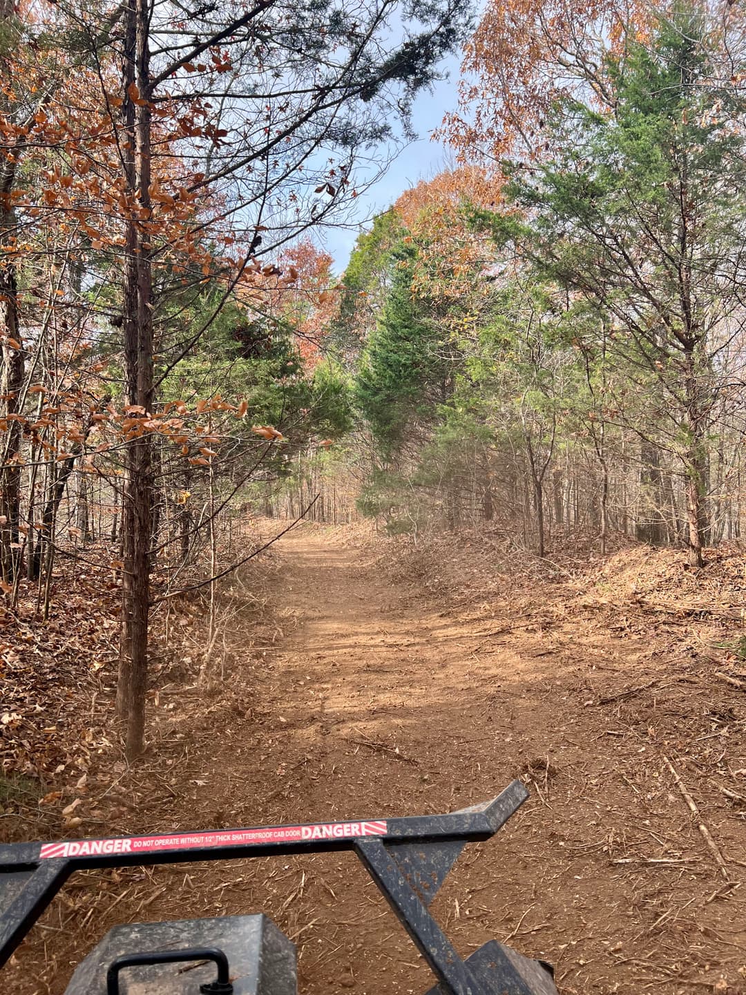 Rugged forest trail with autumn foliage and ATV handlebars in view.